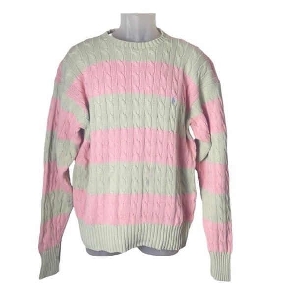 Polo Ralph Lauren Men’s Pink & Green Striped Cable Knit Crewneck Cotton Sweater - Picture 1 of 7